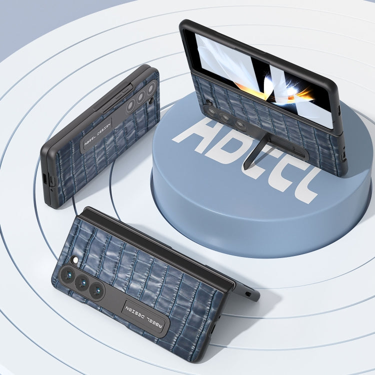 For Samsung Galaxy Z Fold5 ABEEL Integrated Crocodile Texture Genuine Leather Phone Case with Holder(Blue) - Galaxy Z Fold5 Cases by buy2fix | Online Shopping UK | buy2fix