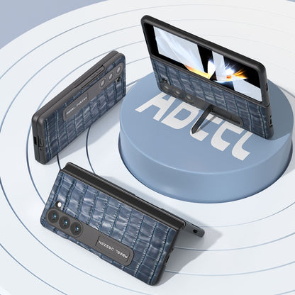 For Samsung Galaxy Z Fold5 ABEEL Integrated Crocodile Texture Genuine Leather Phone Case with Holder(Blue) - Galaxy Z Fold5 Cases by buy2fix | Online Shopping UK | buy2fix