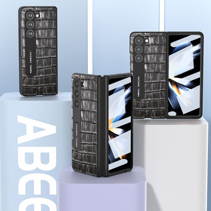 For Samsung Galaxy Z Fold5 ABEEL Integrated Crocodile Texture Genuine Leather Phone Case with Holder(Black) - Galaxy Z Fold5 Cases by buy2fix | Online Shopping UK | buy2fix