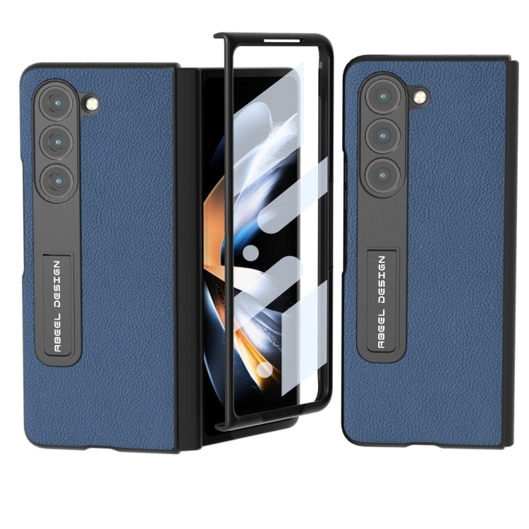 For Samsung Galaxy Z Fold5 ABEEL Integrated Genuine Leather + PC Litchi Texture Phone Case with Holder(Blue) - Galaxy Z Fold5 Cases by buy2fix | Online Shopping UK | buy2fix