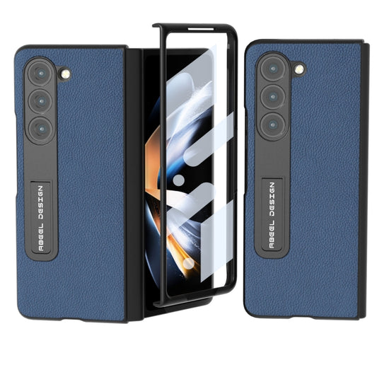 For Samsung Galaxy Z Fold5 ABEEL Integrated Genuine Leather + PC Litchi Texture Phone Case with Holder(Blue) - Galaxy Z Fold5 Cases by buy2fix | Online Shopping UK | buy2fix