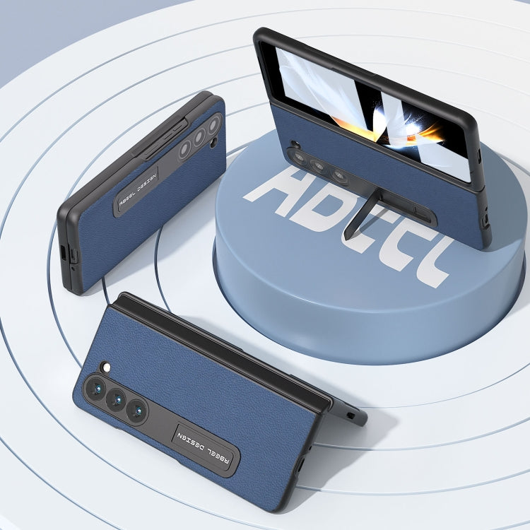 For Samsung Galaxy Z Fold5 ABEEL Integrated Genuine Leather + PC Litchi Texture Phone Case with Holder(Blue) - Galaxy Z Fold5 Cases by buy2fix | Online Shopping UK | buy2fix