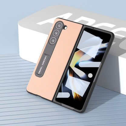 For Samsung Galaxy Z Fold5 ABEEL Integrated Genuine Leather + PC Litchi Texture Phone Case with Holder(Pink Gold) - Galaxy Z Fold5 Cases by buy2fix | Online Shopping UK | buy2fix