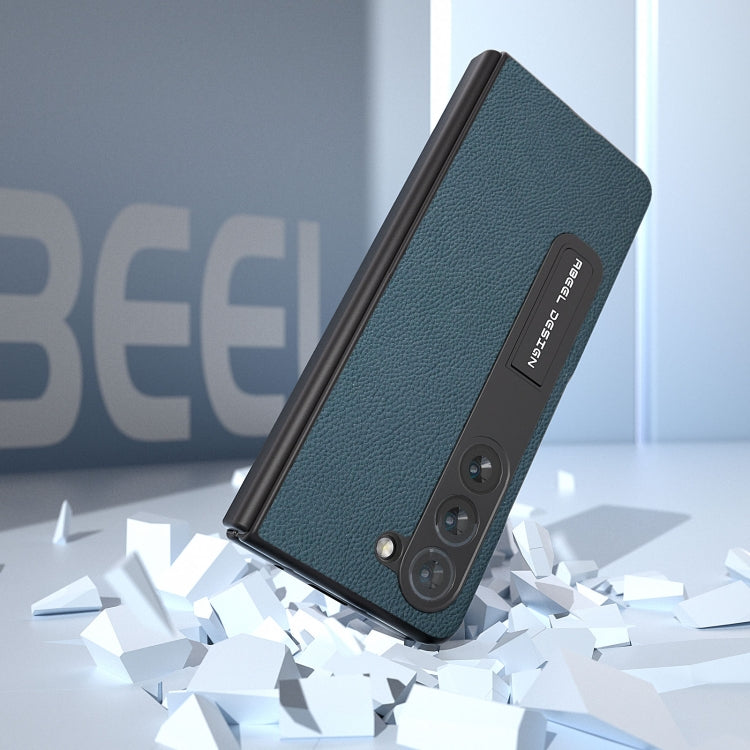 For Samsung Galaxy Z Fold5 ABEEL Integrated Genuine Leather + PC Litchi Texture Phone Case with Holder(Green) - Galaxy Z Fold5 Cases by buy2fix | Online Shopping UK | buy2fix