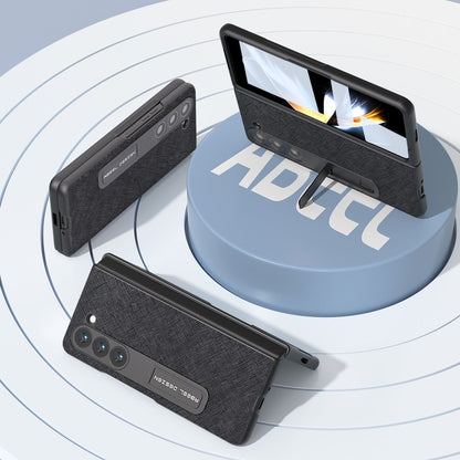 For Samsung Galaxy Z Fold5 ABEEL Integrated Cross Texture Genuine Leather Phone Case with Holder(Black) - Galaxy Z Fold5 Cases by buy2fix | Online Shopping UK | buy2fix