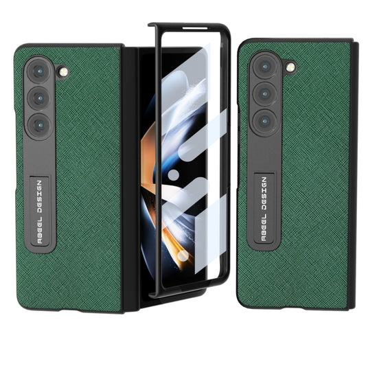 For Samsung Galaxy Z Fold5 ABEEL Integrated Cross Texture Genuine Leather Phone Case with Holder(Green) - Galaxy Z Fold5 Cases by buy2fix | Online Shopping UK | buy2fix