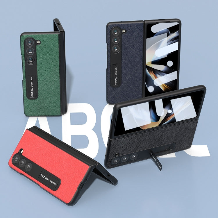 For Samsung Galaxy Z Fold5 ABEEL Integrated Cross Texture Genuine Leather Phone Case with Holder(Green) - Galaxy Z Fold5 Cases by buy2fix | Online Shopping UK | buy2fix
