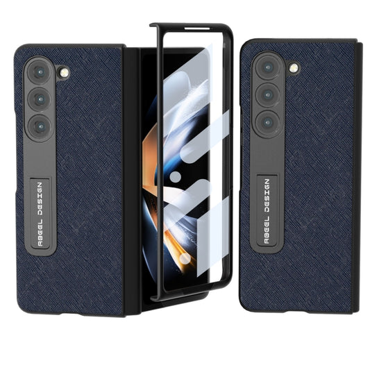 For Samsung Galaxy Z Fold5 ABEEL Integrated Cross Texture Genuine Leather Phone Case with Holder(Blue) - Galaxy Z Fold5 Cases by buy2fix | Online Shopping UK | buy2fix