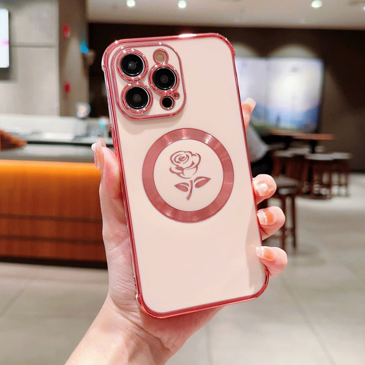 For iPhone 12 Pro Max Electroplate Side Roses Flower MagSafe Phone Case(Pink) by buy2fix