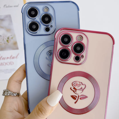 For iPhone 14 Pro Max Electroplate Side Roses Flower MagSafe Phone Case(Blue) - iPhone 14 Pro Max Cases by buy2fix | Online Shopping UK | buy2fix