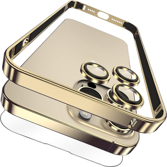 For iPhone 14 Pro 3 in 1 Ultra-thin Metal Frame + Lens + Film Phone Protection Set(Gold) - iPhone 14 Pro Cases by buy2fix | Online Shopping UK | buy2fix