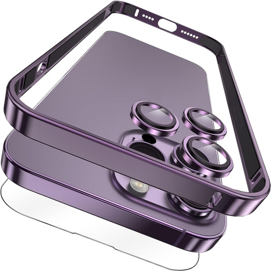 For iPhone 14 Pro 3 in 1 Ultra-thin Metal Frame + Lens + Film Phone Protection Set(Purple) - iPhone 14 Pro Cases by buy2fix | Online Shopping UK | buy2fix