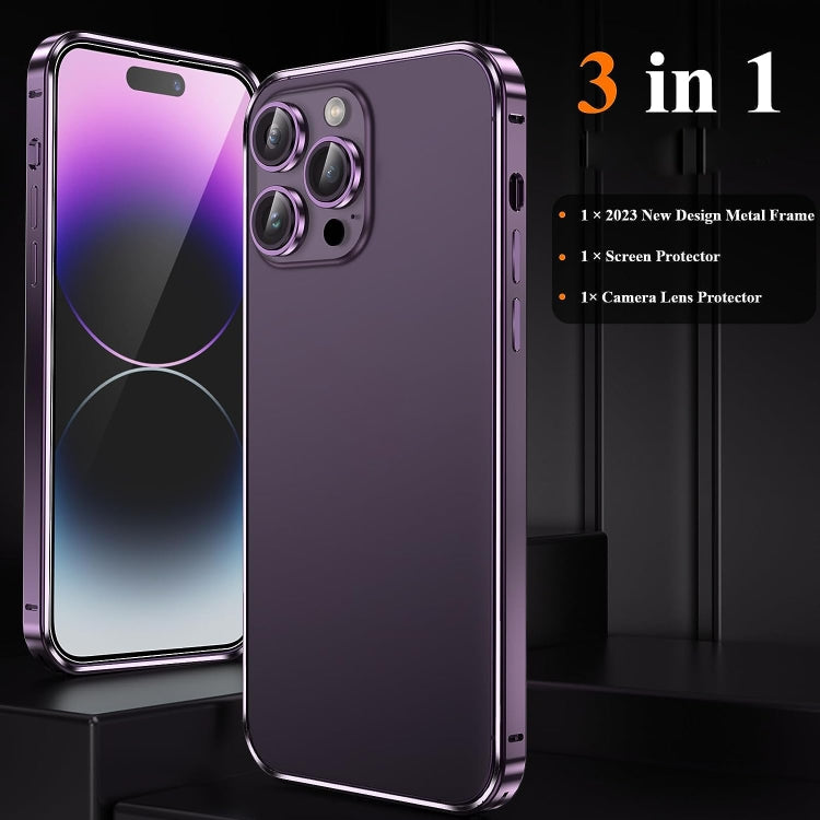 For iPhone 14 Pro 3 in 1 Ultra-thin Metal Frame + Lens + Film Phone Protection Set(Purple) - iPhone 14 Pro Cases by buy2fix | Online Shopping UK | buy2fix