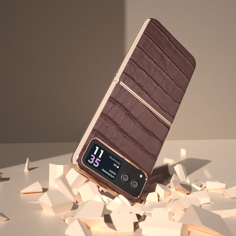 For Motorola Razr 40 Crocodile Texture Genuine Leather Electroplating Phone Case(Brown) by buy2fix