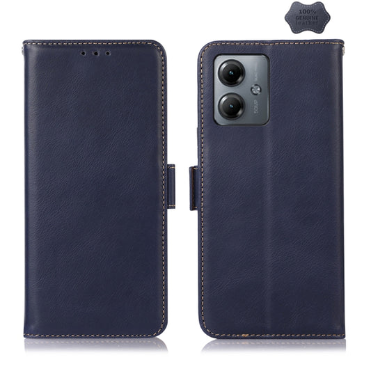 For Motorola Moto G14 4G Magnetic Crazy Horse Texture Genuine Leather Phone Case(Blue) - Motorola Cases by buy2fix | Online Shopping UK | buy2fix