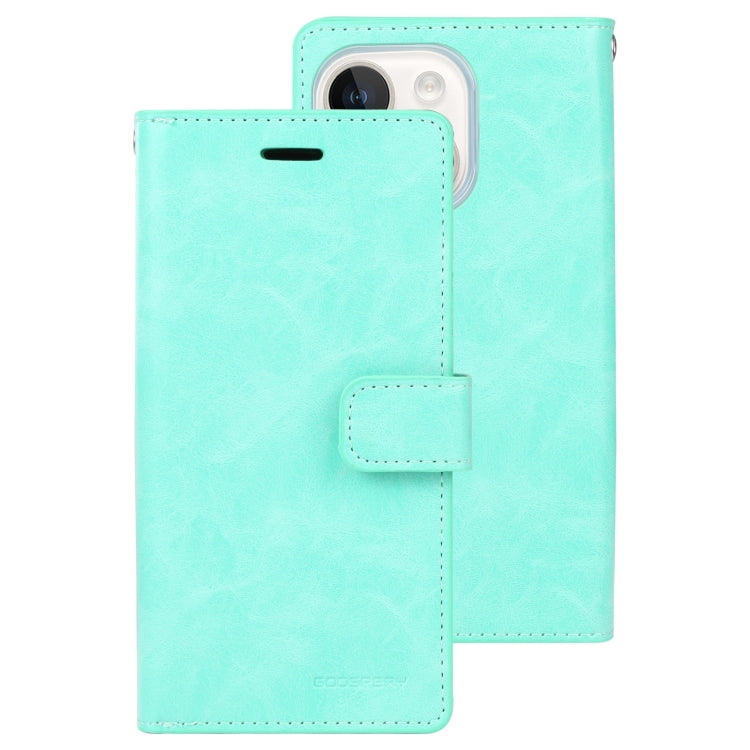 For iPhone 15 GOOSPERY MANSOOR DIARY 9 Card Slots Leather Phone Case(Mint Green) - iPhone 15 Cases by GOOSPERY | Online Shopping UK | buy2fix
