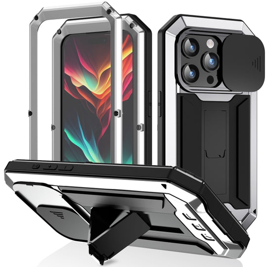 For iPhone 15 Pro R-JUST Sliding Camera IP54 Life Waterproof Holder Phone Case(Silver)