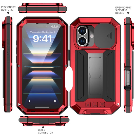 For iPhone 16 R-JUST Sliding Camera IP54 Life Waterproof Holder Phone Case(Red) by R-JUST