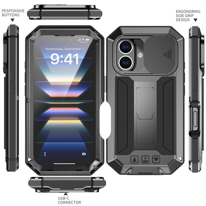 For iPhone 16 Plus R-JUST Sliding Camera IP54 Life Waterproof Holder Phone Case(Black) - iPhone 16 Plus Cases by R-JUST | Online Shopping UK | buy2fix