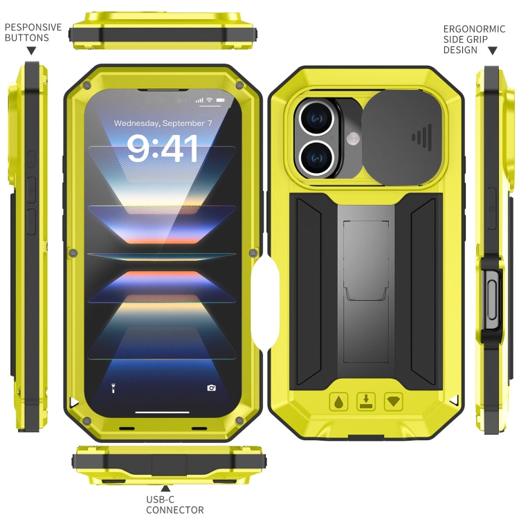 For iPhone 16 Plus R-JUST Sliding Camera IP54 Life Waterproof Holder Phone Case(Yellow) - iPhone 16 Plus Cases by R-JUST | Online Shopping UK | buy2fix