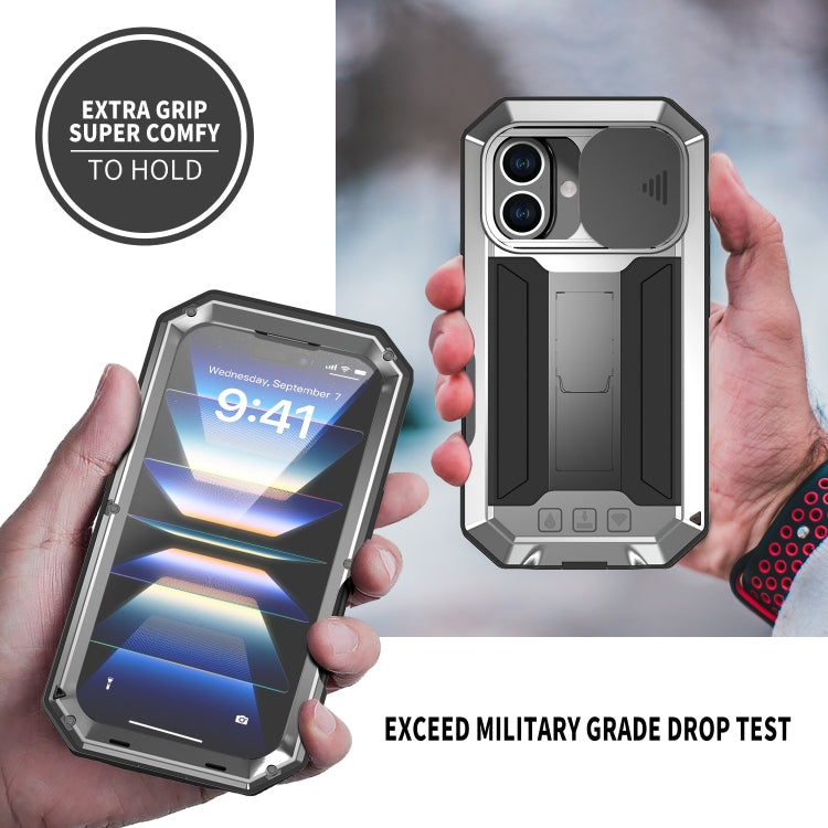 For iPhone 16 Plus R-JUST Sliding Camera IP54 Life Waterproof Holder Phone Case(Silver) - iPhone 16 Plus Cases by R-JUST | Online Shopping UK | buy2fix