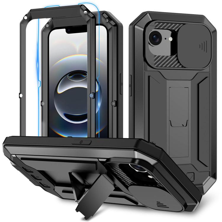 For iPhone 16e R-JUST Sliding Camera IP54 Life Waterproof Holder Phone Case(Black) - iPhone 16e Cases by R-JUST | Online Shopping UK | buy2fix