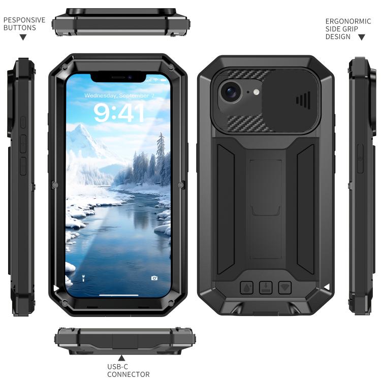For iPhone 16e R-JUST Sliding Camera IP54 Life Waterproof Holder Phone Case(Black) - iPhone 16e Cases by R-JUST | Online Shopping UK | buy2fix