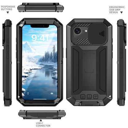 For iPhone 16e R-JUST Sliding Camera IP54 Life Waterproof Holder Phone Case(Black) - iPhone 16e Cases by R-JUST | Online Shopping UK | buy2fix