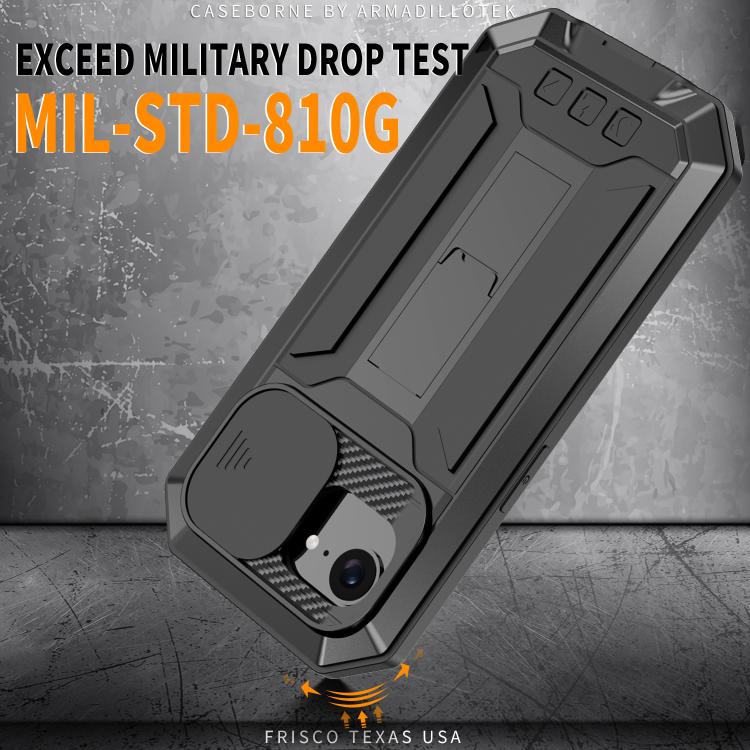 For iPhone 16e R-JUST Sliding Camera IP54 Life Waterproof Holder Phone Case(Black) - iPhone 16e Cases by R-JUST | Online Shopping UK | buy2fix