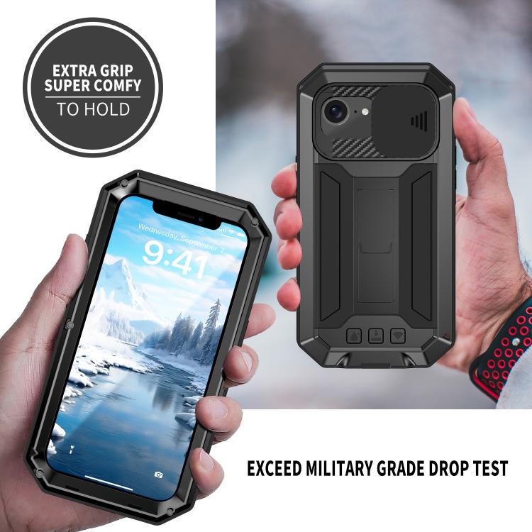 For iPhone 16e R-JUST Sliding Camera IP54 Life Waterproof Holder Phone Case(Black) - iPhone 16e Cases by R-JUST | Online Shopping UK | buy2fix