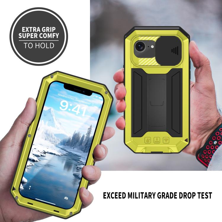 For iPhone 16e R-JUST Sliding Camera IP54 Life Waterproof Holder Phone Case(Yellow) - iPhone 16e Cases by R-JUST | Online Shopping UK | buy2fix