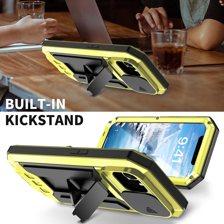 For iPhone 16e R-JUST Sliding Camera IP54 Life Waterproof Holder Phone Case(Yellow) - iPhone 16e Cases by R-JUST | Online Shopping UK | buy2fix