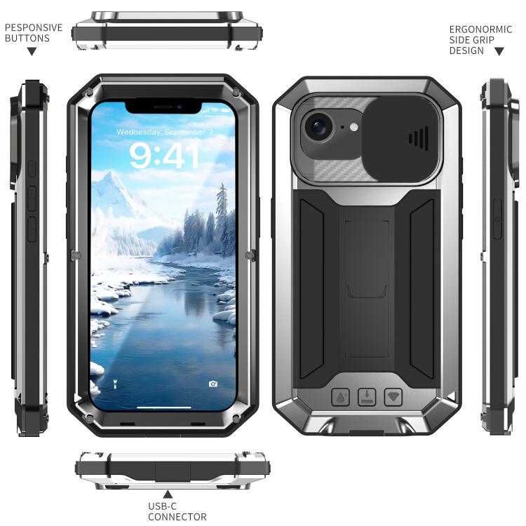 For iPhone 16e R-JUST Sliding Camera IP54 Life Waterproof Holder Phone Case(Silver) - iPhone 16e Cases by R-JUST | Online Shopping UK | buy2fix