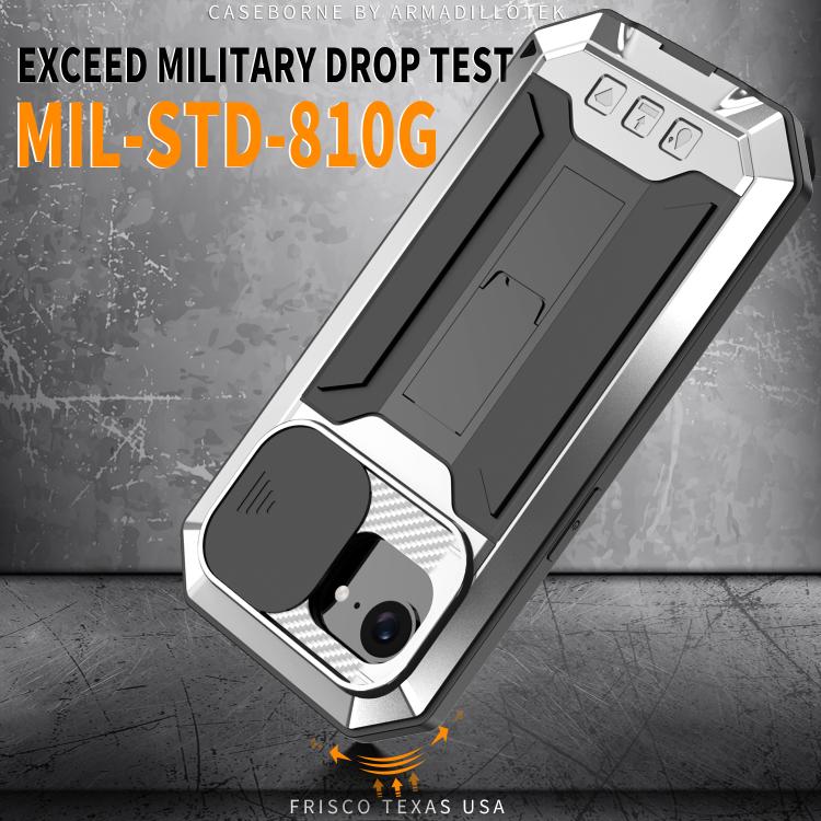 For iPhone 16e R-JUST Sliding Camera IP54 Life Waterproof Holder Phone Case(Silver) - iPhone 16e Cases by R-JUST | Online Shopping UK | buy2fix