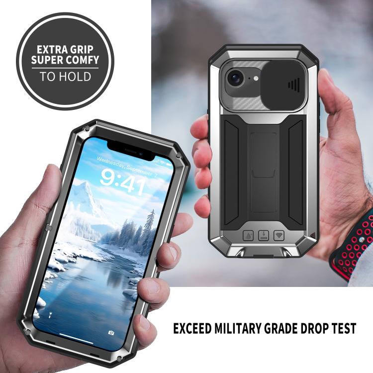 For iPhone 16e R-JUST Sliding Camera IP54 Life Waterproof Holder Phone Case(Silver) - iPhone 16e Cases by R-JUST | Online Shopping UK | buy2fix