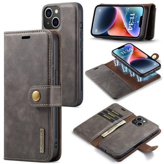 For iPhone 15 Plus DG.MING Crazy Horse Texture Detachable Magnetic Leather Phone Case(Grey)