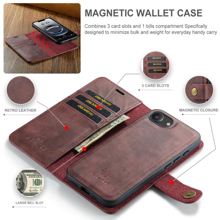 For iPhone 16e DG.MING Crazy Horse Texture Detachable Magnetic Leather Phone Case(Red) - iPhone 16e Cases by DG.MING | Online Shopping UK | buy2fix