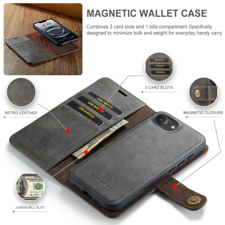 For iPhone 16e DG.MING Crazy Horse Texture Detachable Magnetic Leather Phone Case(Grey) - iPhone 16e Cases by DG.MING | Online Shopping UK | buy2fix
