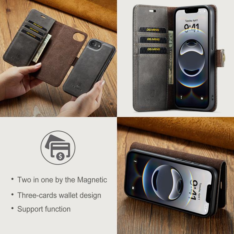 For iPhone 16e DG.MING Crazy Horse Texture Detachable Magnetic Leather Phone Case(Grey) - iPhone 16e Cases by DG.MING | Online Shopping UK | buy2fix
