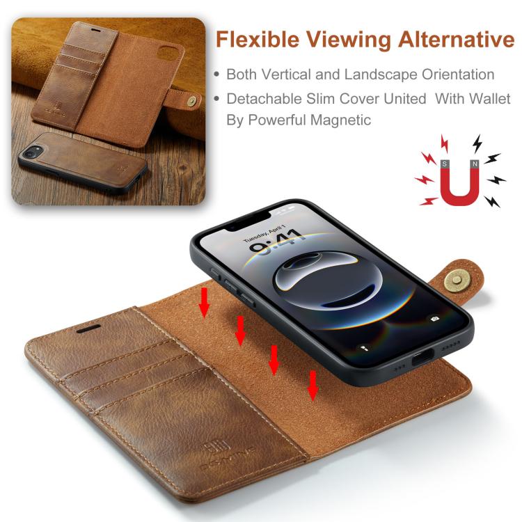 For iPhone 16e DG.MING Crazy Horse Texture Detachable Magnetic Leather Phone Case(Brown) - iPhone 16e Cases by DG.MING | Online Shopping UK | buy2fix
