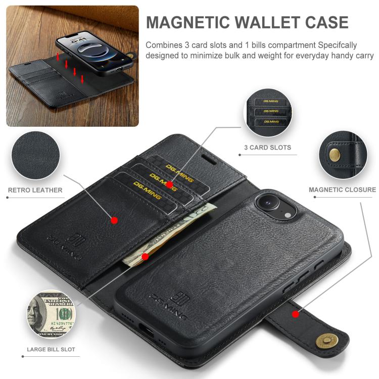 For iPhone 16e DG.MING Crazy Horse Texture Detachable Magnetic Leather Phone Case(Black) - iPhone 16e Cases by DG.MING | Online Shopping UK | buy2fix