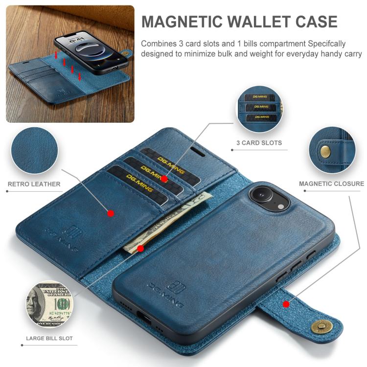 For iPhone 16e DG.MING Crazy Horse Texture Detachable Magnetic Leather Phone Case(Blue) - iPhone 16e Cases by DG.MING | Online Shopping UK | buy2fix