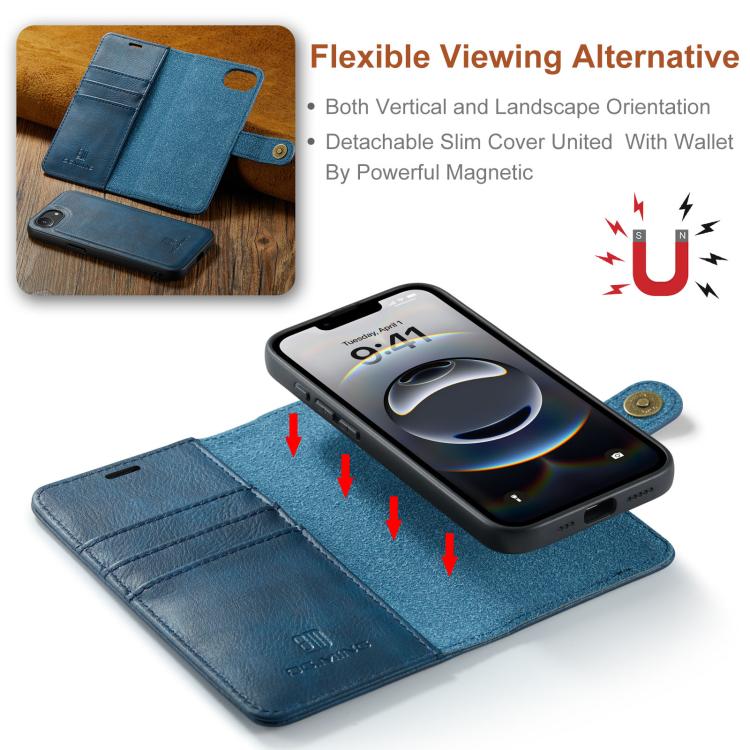 For iPhone 16e DG.MING Crazy Horse Texture Detachable Magnetic Leather Phone Case(Blue) - iPhone 16e Cases by DG.MING | Online Shopping UK | buy2fix
