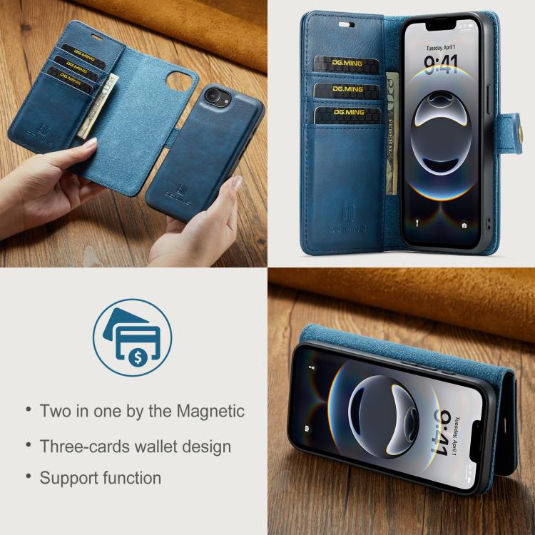 For iPhone 16e DG.MING Crazy Horse Texture Detachable Magnetic Leather Phone Case(Blue) - iPhone 16e Cases by DG.MING | Online Shopping UK | buy2fix