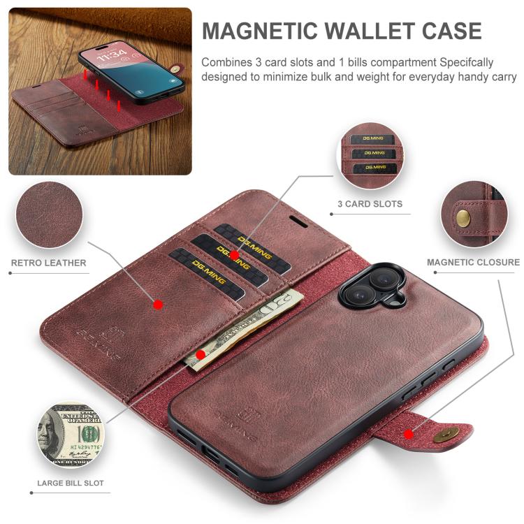For iPhone 17 DG.MING Crazy Horse Texture Detachable Magnetic Leather Phone Case(Red) - iPhone 17 Cases by DG.MING | Online Shopping UK | buy2fix