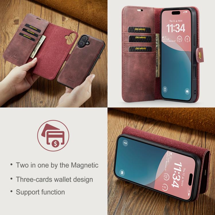 For iPhone 17 DG.MING Crazy Horse Texture Detachable Magnetic Leather Phone Case(Red) - iPhone 17 Cases by DG.MING | Online Shopping UK | buy2fix