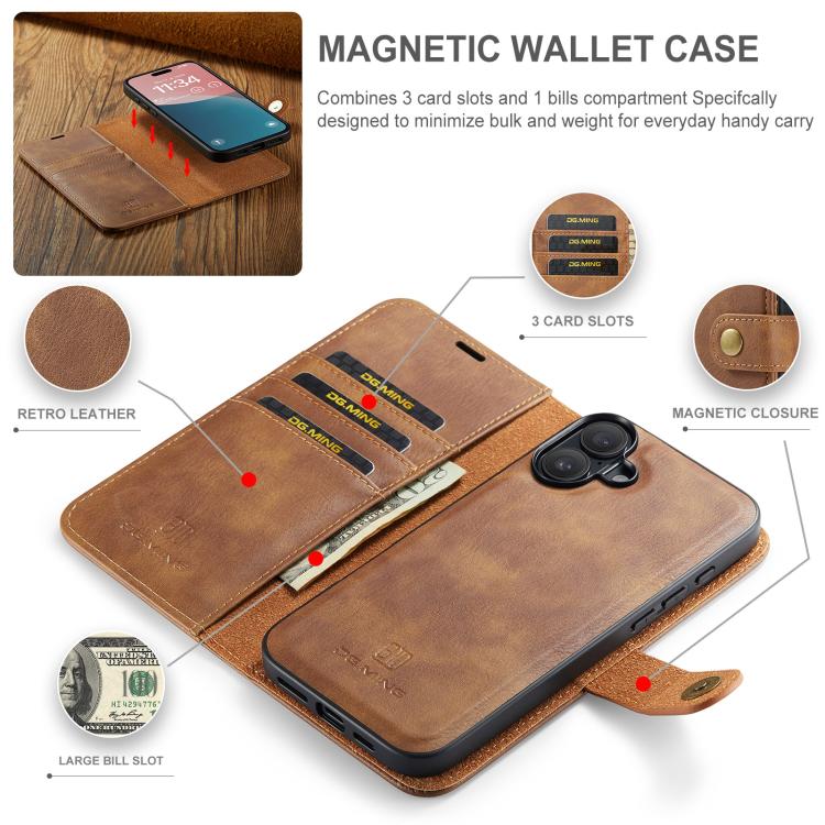 For iPhone 17 DG.MING Crazy Horse Texture Detachable Magnetic Leather Phone Case(Brown) - iPhone 17 Cases by DG.MING | Online Shopping UK | buy2fix