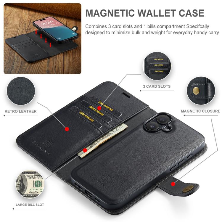 For iPhone 17 DG.MING Crazy Horse Texture Detachable Magnetic Leather Phone Case(Black) - iPhone 17 Cases by DG.MING | Online Shopping UK | buy2fix