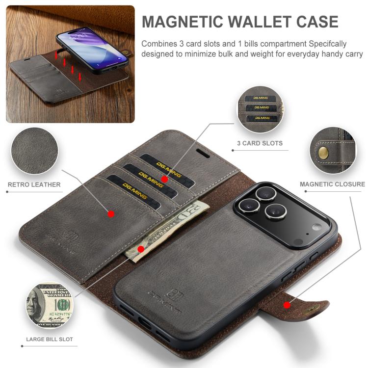 For iPhone 17 Pro DG.MING Crazy Horse Texture Detachable Magnetic Leather Phone Case(Grey) - iPhone 17 Pro Cases by DG.MING | Online Shopping UK | buy2fix