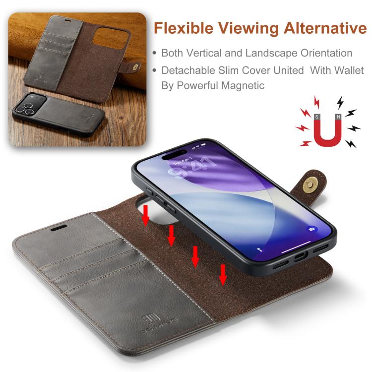 For iPhone 17 Pro DG.MING Crazy Horse Texture Detachable Magnetic Leather Phone Case(Grey) - iPhone 17 Pro Cases by DG.MING | Online Shopping UK | buy2fix